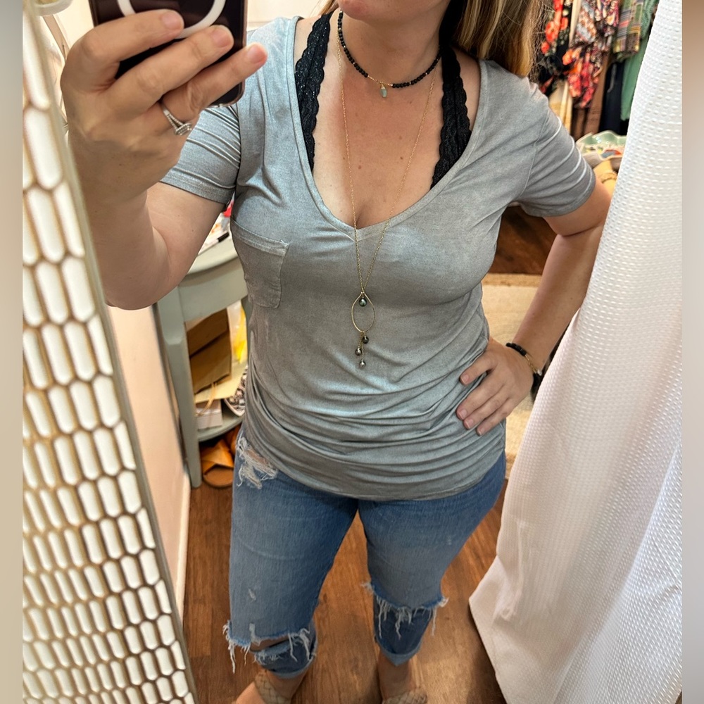 POL Grey Pocket V-Neck Tee